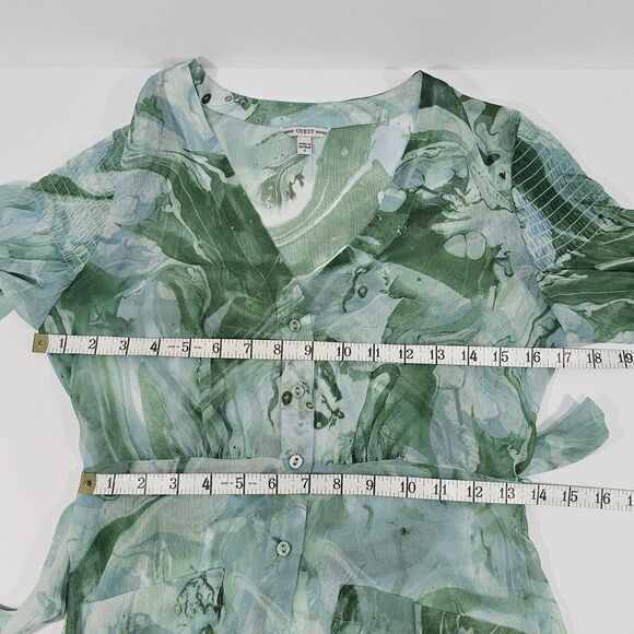 GUESS Green Marble Print Sheer Belted Maxi Duster Dress Long Sleeve Size S - Picture 7 of 8